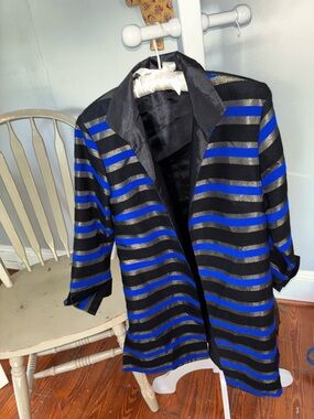 Grace  Chuang  Sz M Striped Black & Royal Blue Open Front Jacket